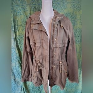H&M Divided Olive Green Hooded Cargo Jacket Cinched Waist, Size 10 (M)